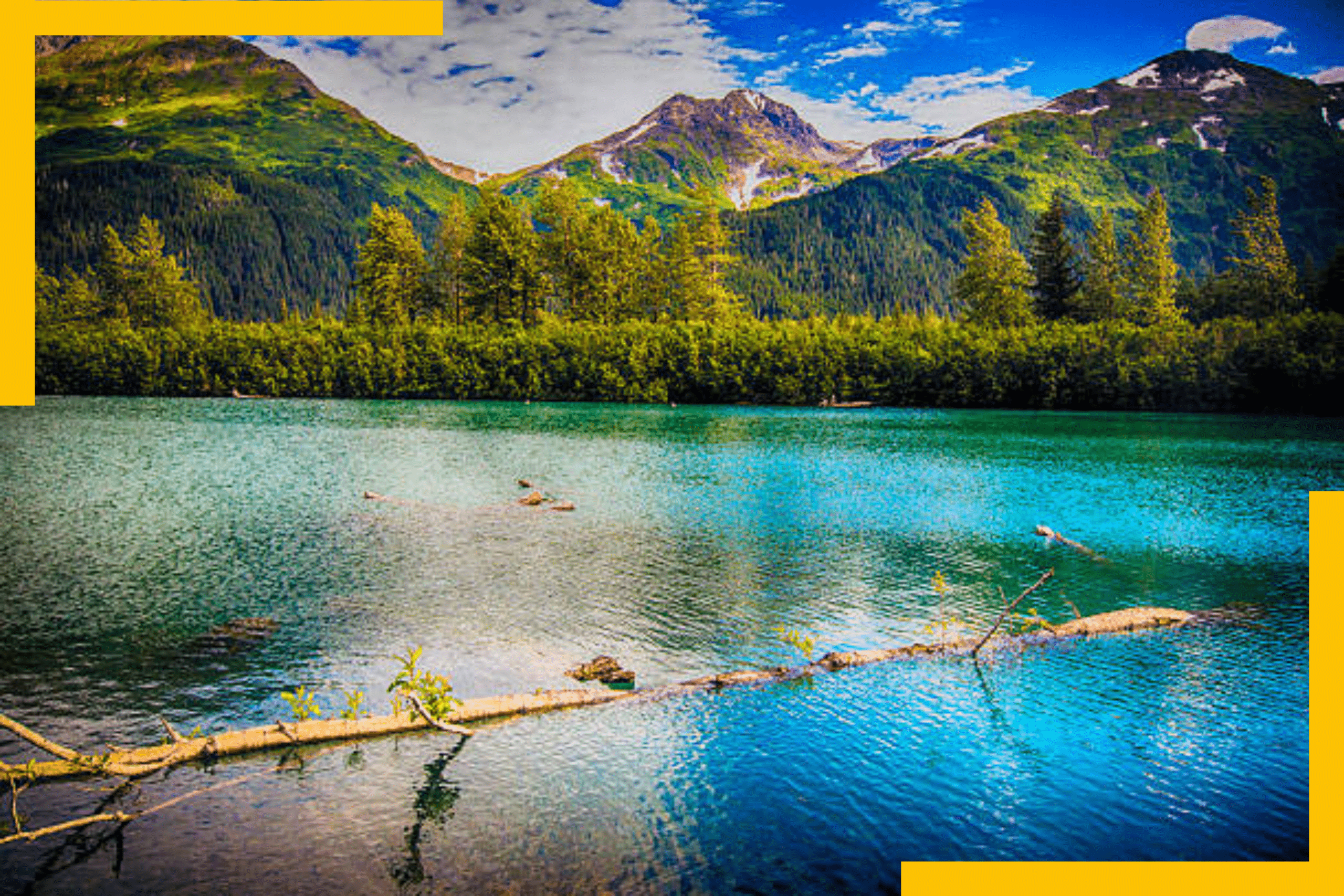 A serene Alaskan lake surrounded by greenery and mountains