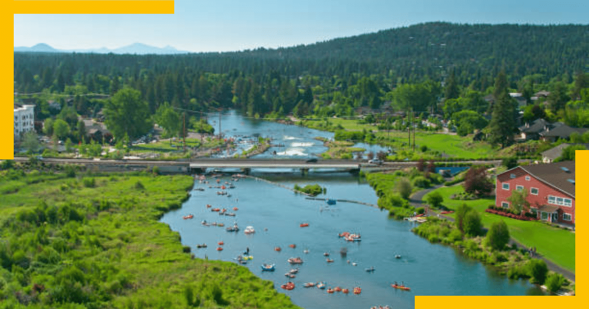 Deschutes River flowing through Bend , Oregon