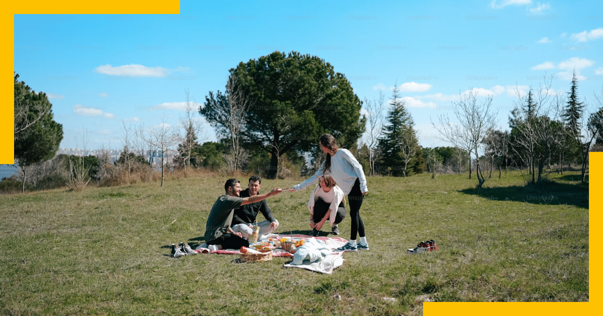 a windy picnic place with four people