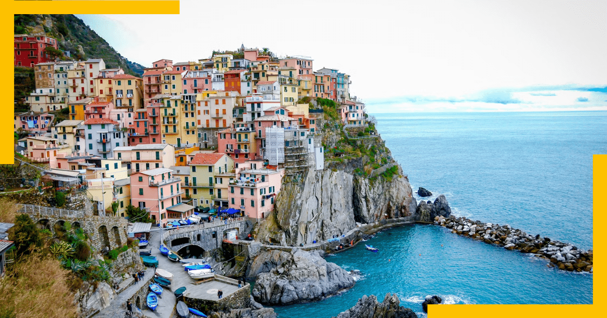 Charming cliffside villages of Cinque Terre, overlooking the Ligurian Sea.