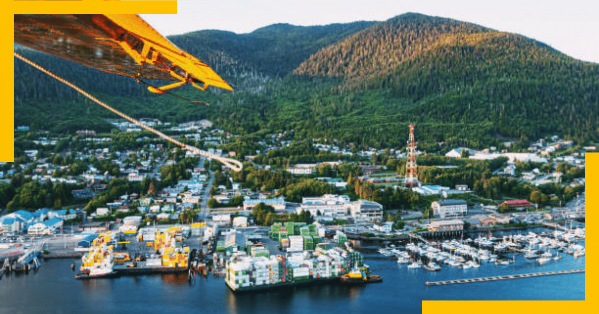 A bird's eye view of town in Alaska