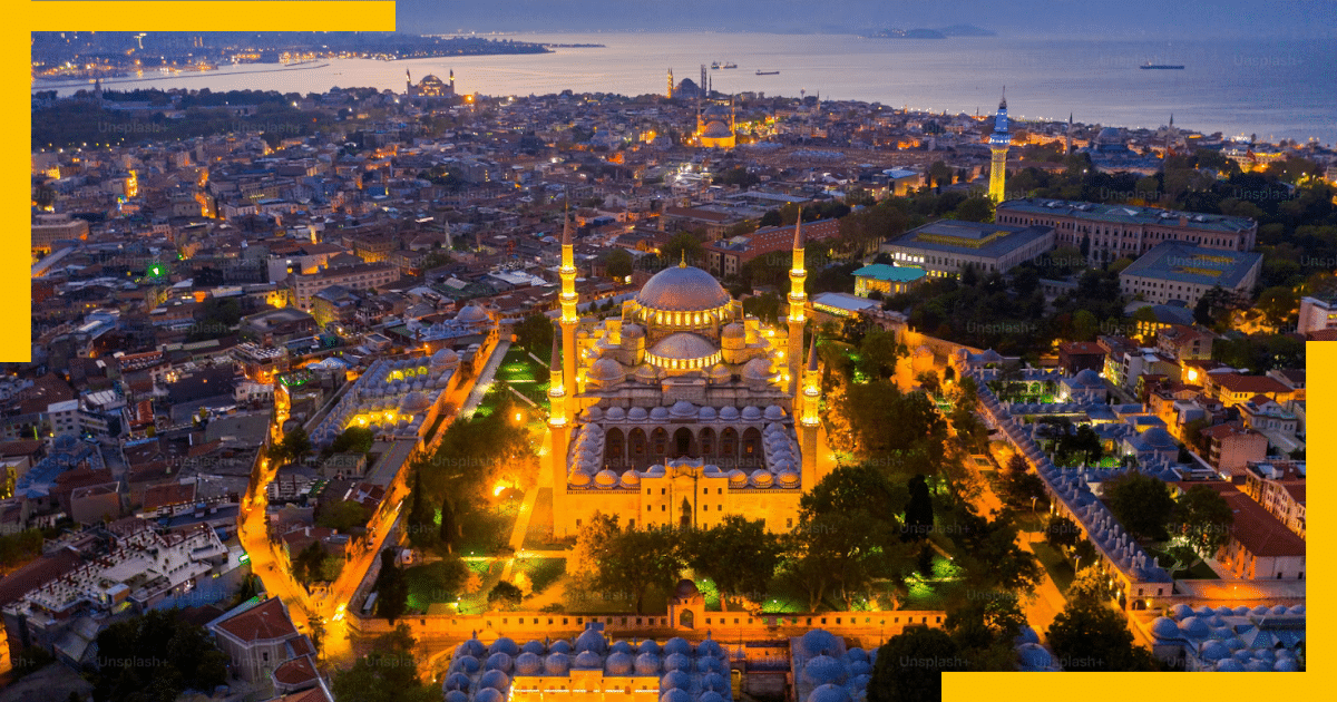 Aerial night view of the iconic Hagia Sophia Mosque in Istanbul, Turkey