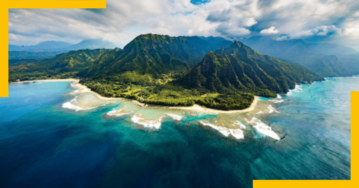 Aerial view of a beach and mountain in Kauai , Hawaii, USA