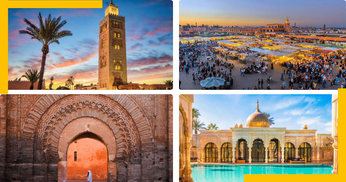 A collage of four pictures of Morocco displaying its culture and architecture